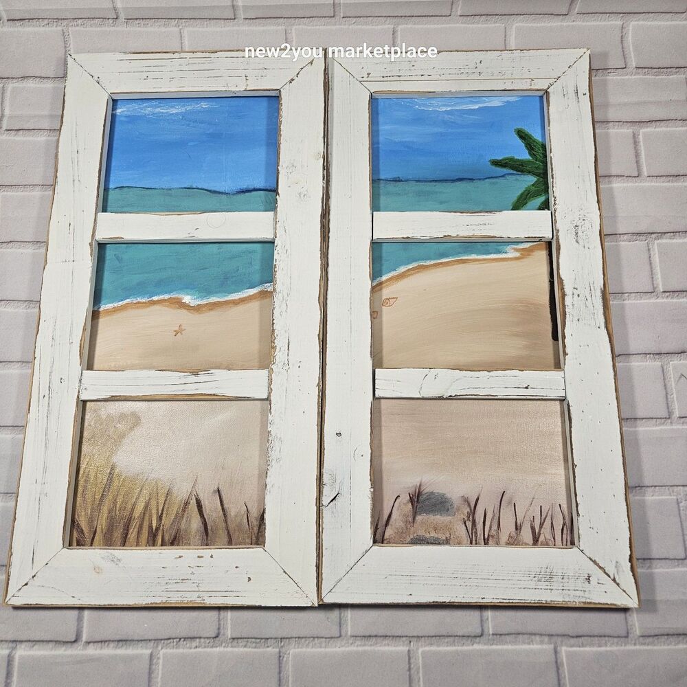 hand painted /made distressed wood frame beach scene canvas duo painting artwork - Picture 9 of 13